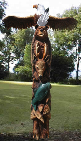 Eagle, Bear, Otter, Fish Totem Pole Carving